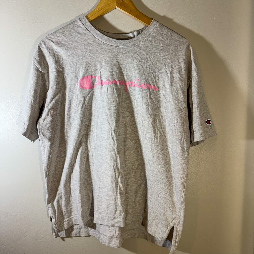 Champion Boxy Grey T-Shirt Pink Script Logo Split Hem Athletic Tee M